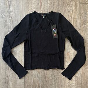 Delias by Dolls Kill Collab Black Thermal Waffle Knit Long Sleeve Top Lace Trim